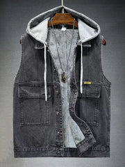 Black hooded denim vest with fleece lining and button-down front.