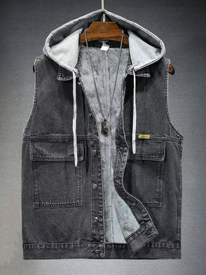 Black hooded denim vest with fleece lining and button-down front.