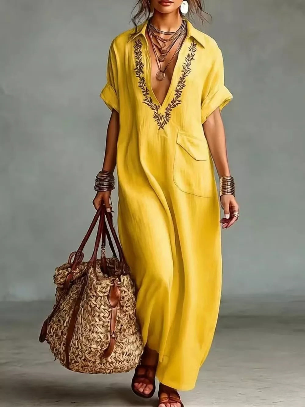 Full Size Bohemian Embroidered Maxi Dress in Black, editorial view