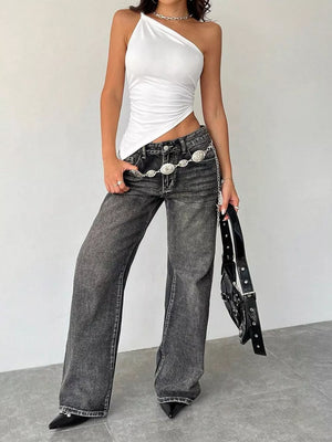 White asymmetrical one-shoulder slim cami with ruched side detail