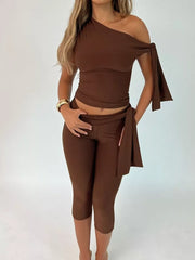 Brown one-shoulder tie top and capri set with tie sleeve detail