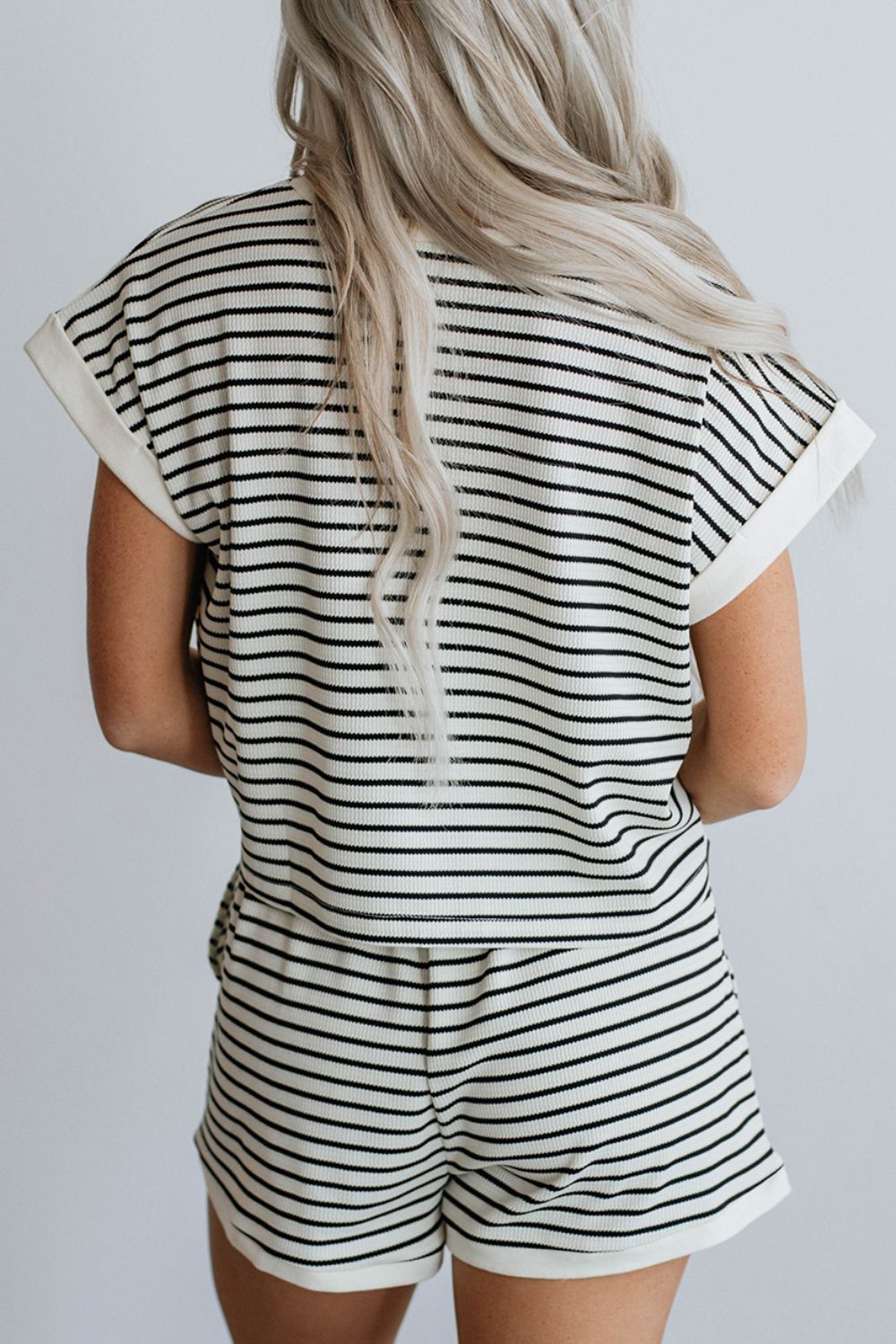 Ribbed stripe tee and shorts set with cuffed sleeves and hem.