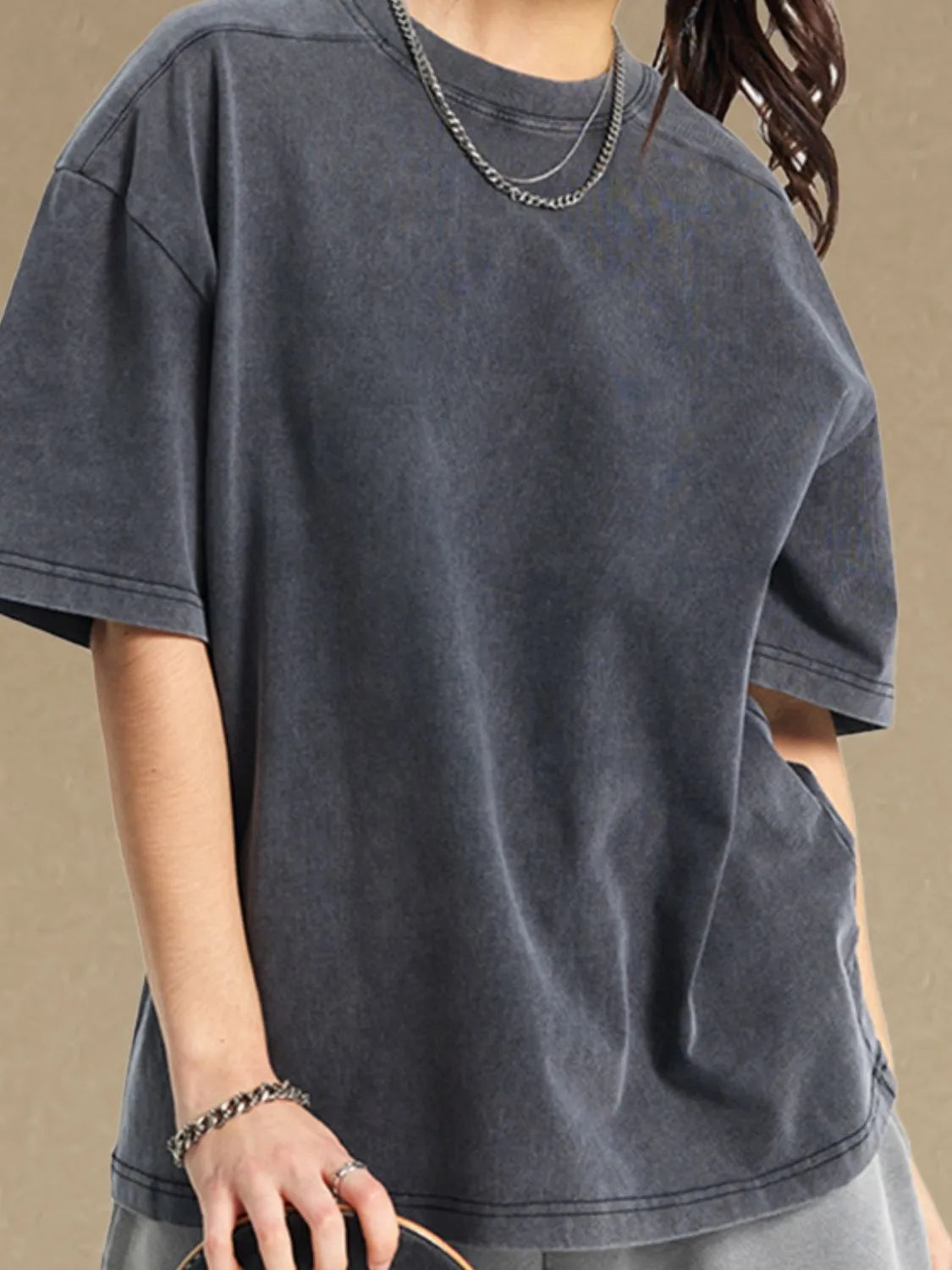 Neo Round-Neck T-Shirt in charcoal gray with washed effect, crew neck, and short sleeves.