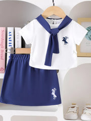 Children's Sailor Collar Embroidered Tee And Skirt Set in White, front view