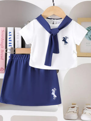 Children's Sailor Collar Embroidered Tee And Skirt Set in White, front view
