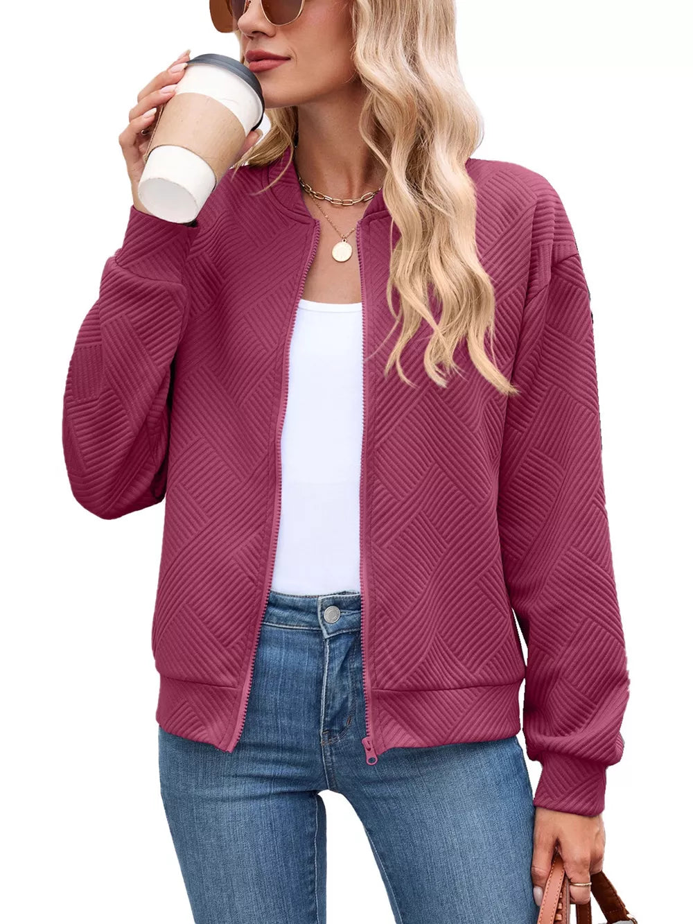 Blue bomber jacket with zip-front and geometric