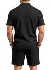 Men's Textured Short Sleeve Polo & Shorts Set in Dark Gray, product detail