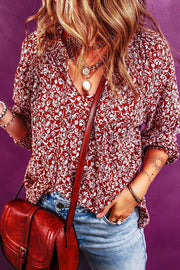 Bohemian floral print viscose blouse in cerise with tie neck and long sleeves