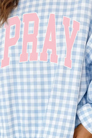 white sweatshirt featuring pocketed and gingham