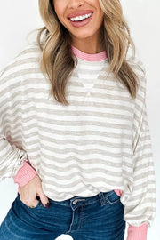 Twisted Rib Trim Striped Loose Pullover Sweatshirt, back view