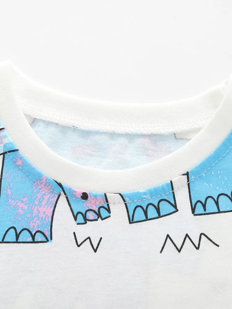 White cotton t-shirt with blue and pink dinosaur graphic and round neck.
