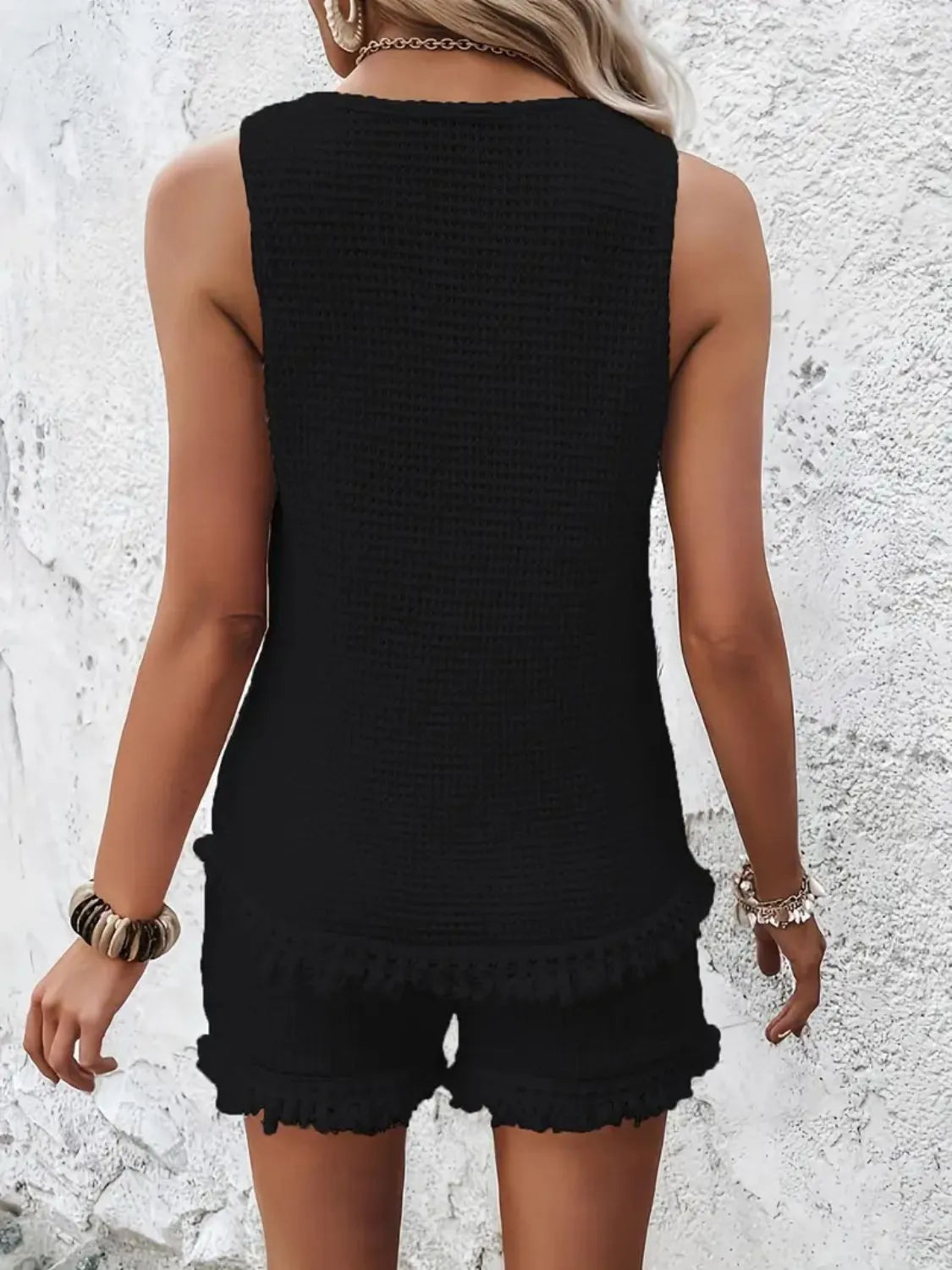 Black waffle knit tank top with fringe trim shorts set