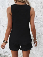 Black waffle knit tank top with fringe trim shorts set