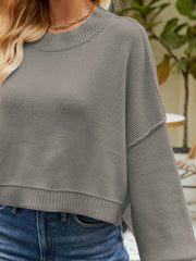 Dropped shoulder knit sweater in Heather Gray with crew neck and ribbed details.