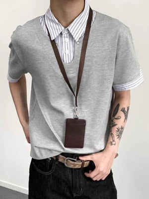 Gray layered polo shirt with striped collar and cuffs, cotton, short sleeve.