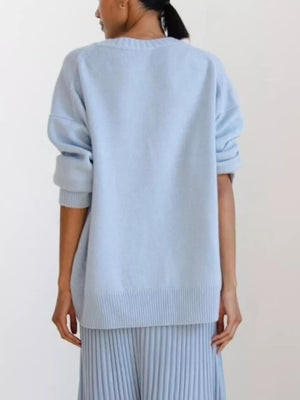 Light blue soft knit sweater with ribbed detailing and crew neck.