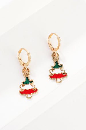 Festive Christmas tree hoop earrings with red, white, and green enamel detail.