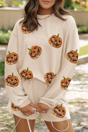 Sequin pumpkin stripe loungewear set in tan.