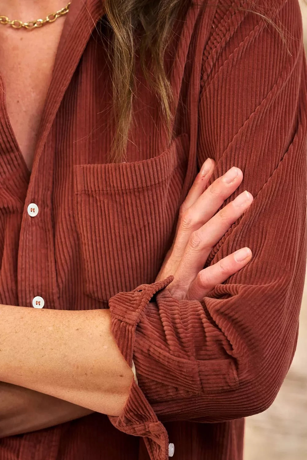 Long Sleeve Button Down Corduroy Midi Dress in Rust, model styling view