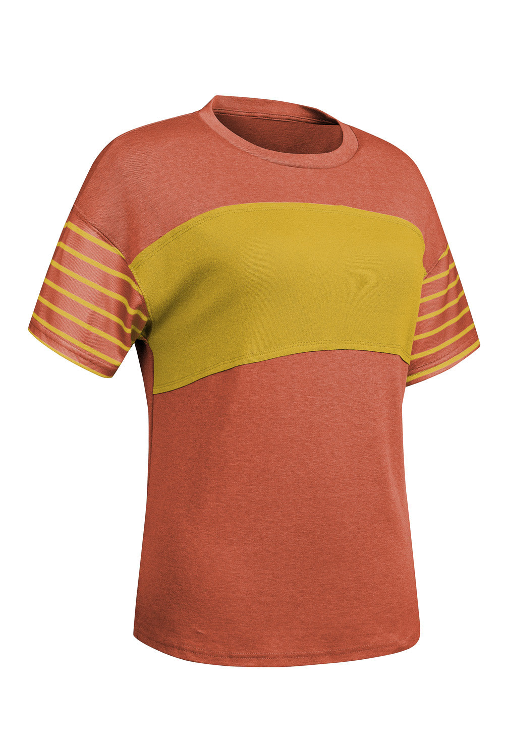 Colorblock raglan tee in rust with mustard yellow chest stripe and striped sleeves.