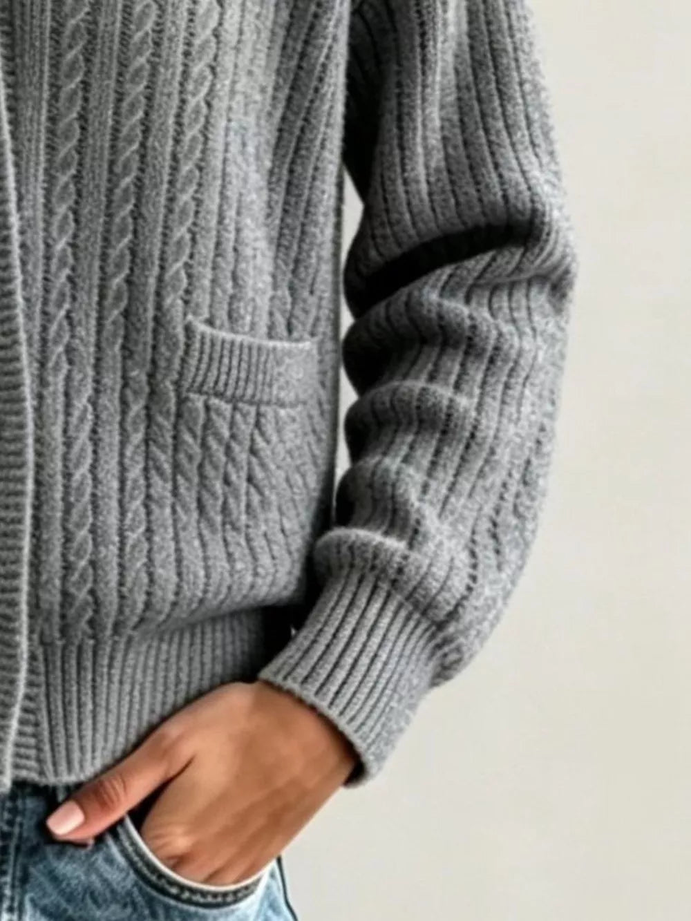 Full Size Shawl Collar Cable Knit Cardigan in White, fabric detail