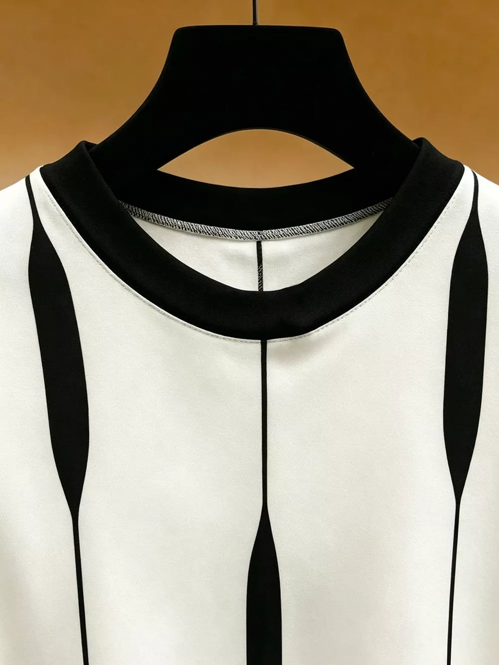 Contrast Vertical Stripe Long Sleeve Blouse in White, close-up detail