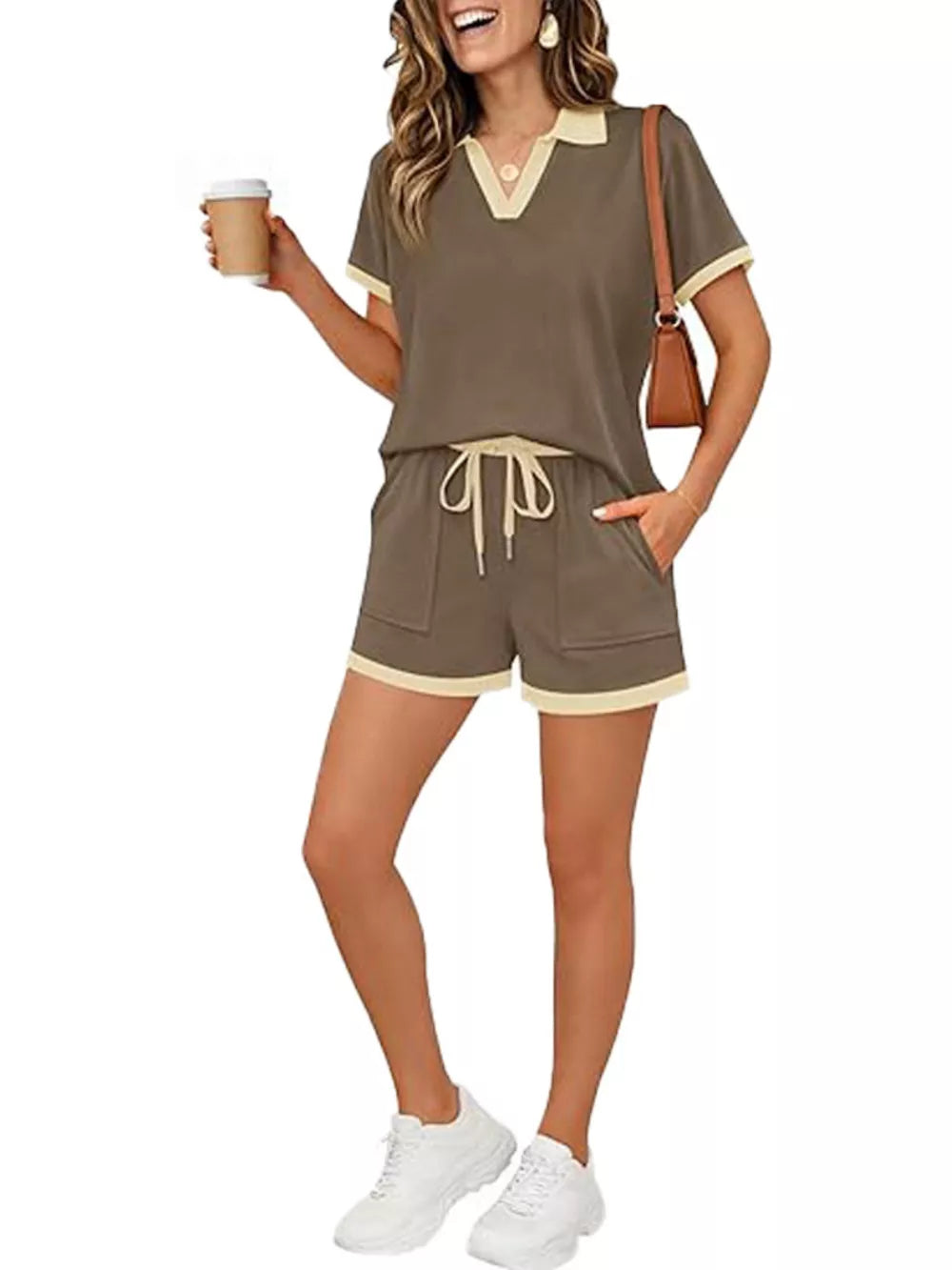 Brown polo collar two-piece set with drawstring shorts and contrast trim.