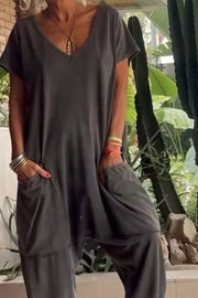 Casual V-neck Short Sleeve Jumpsuit With Pockets in Orange, back view