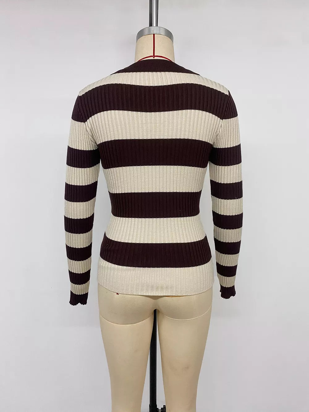 Striped Ribbed Knit Long Sleeve Sweater in Coffee Brown, view 11