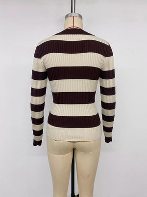 Striped Ribbed Knit Long Sleeve Sweater in Coffee Brown, view 11