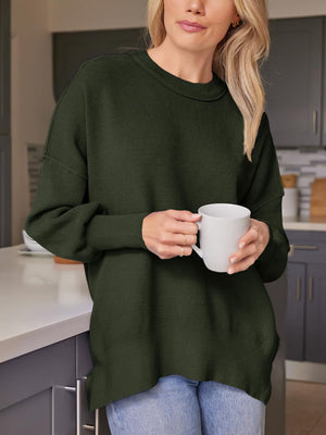 Ribbed-knit relaxed fit sweater in Army Green with crew neck and long sleeves.