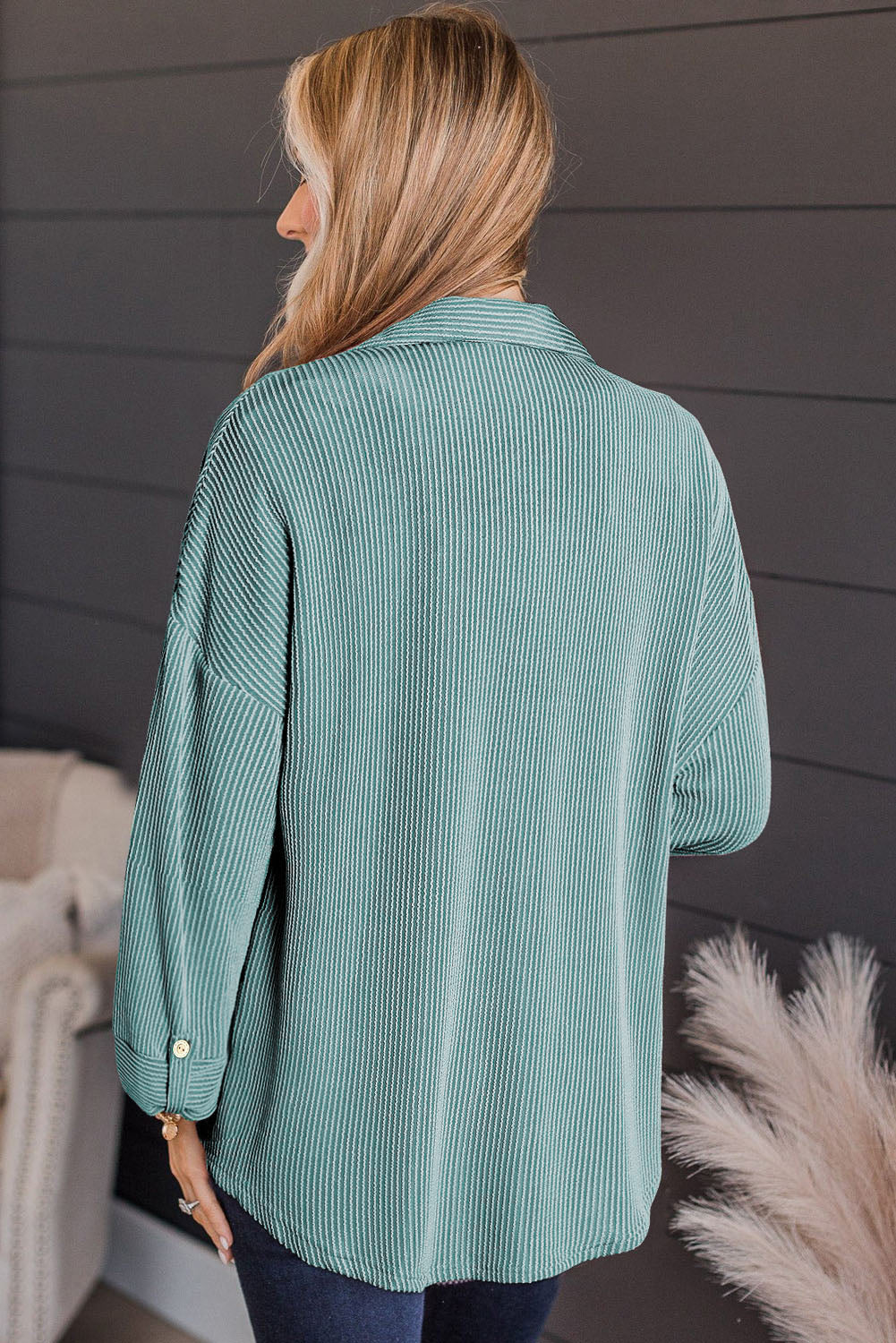 Textured stripe oversized overshirt in turquoise with button cuff detail.