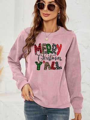 Dusty Pink corduroy sweatshirt with Merry Christmas Y'all graphic in buffalo plaid, leopard, and polka dot patterns.