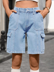 Light blue denim high-waisted cargo shorts with multiple pockets.