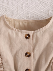 Apricot baby set with button front and ruffle trim detail.