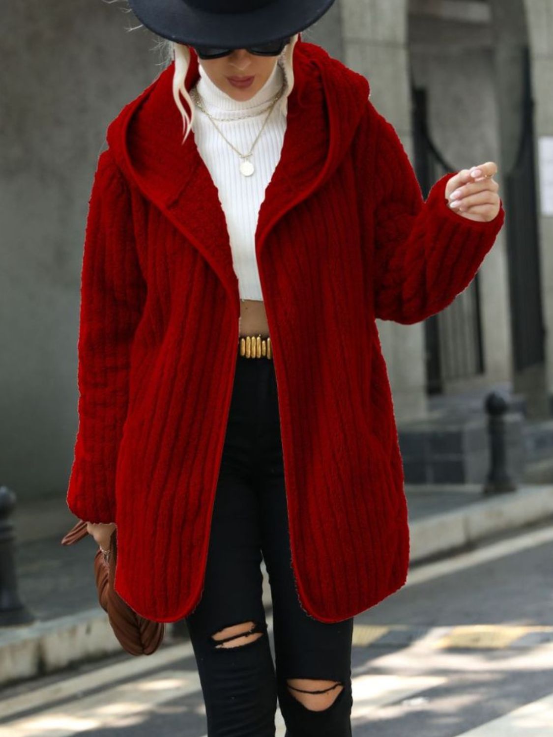 Textured teddy hooded open coat in wine with a relaxed fit.