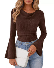 Ribbed Bell Sleeve T-shirt in Moss, front view