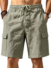 Military green cargo shorts with drawstring waist and crinkled texture