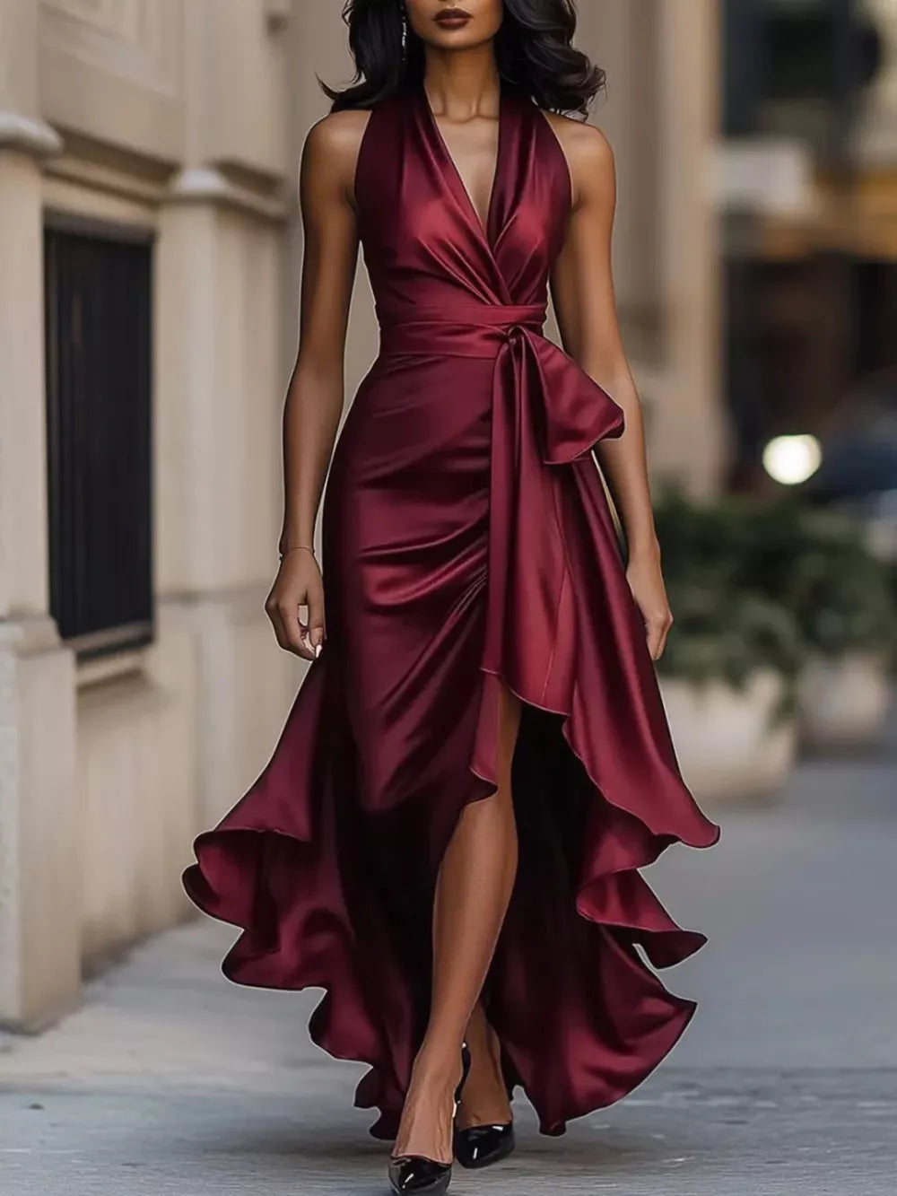 Wine red satin high-low ruffled maxi dress with cinched waist and bow detail.