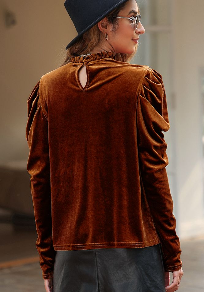 Brown velvet blouse with gathered sleeves and keyhole back detail