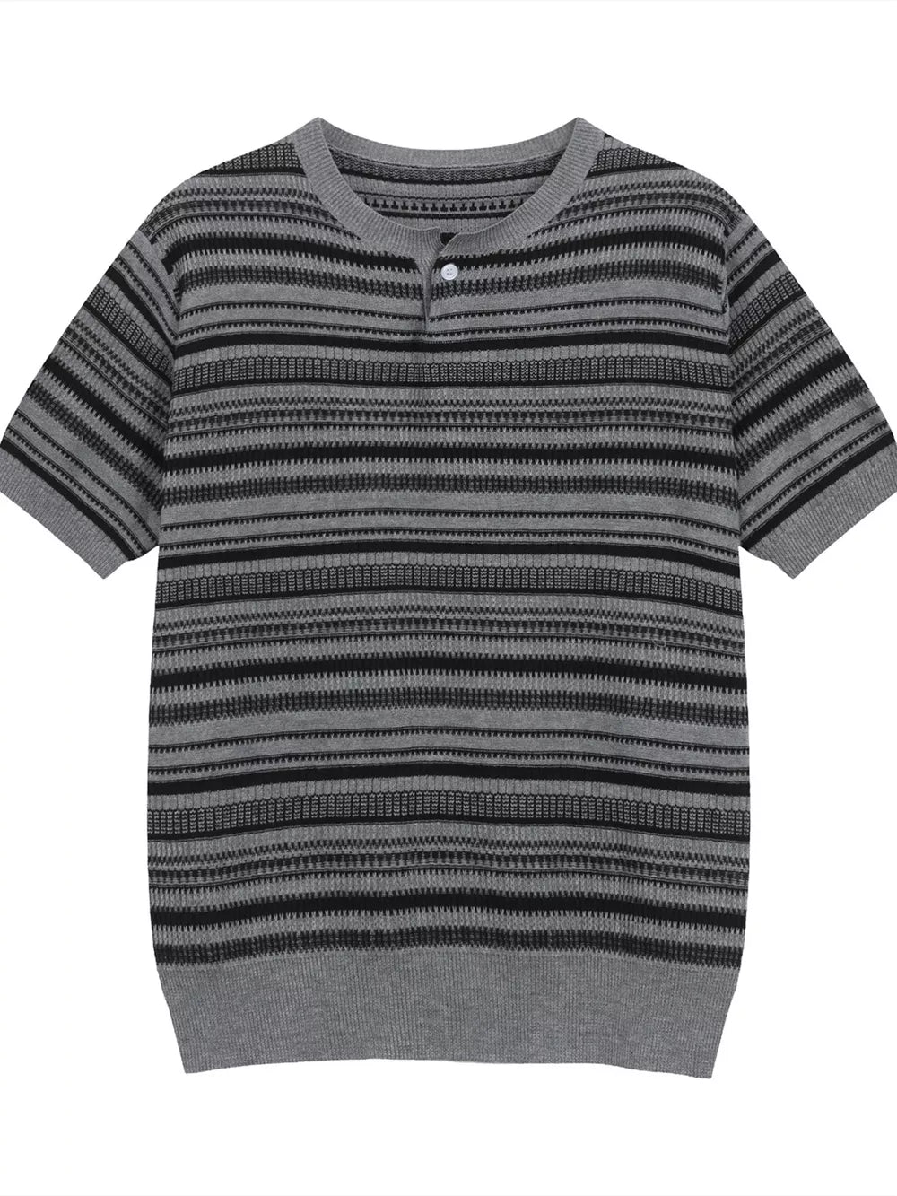 Textured grey and black striped henley t-shirt with short sleeves and a button placket.