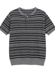 Textured grey and black striped henley t-shirt with short sleeves and a button placket.