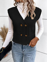 Black double-breasted knit vest with V-neck and ribbed trim, buttoned closure.
