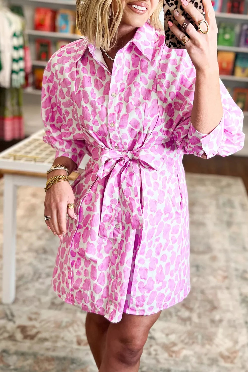 Abstract Leopard Print Tie Waist Puff Sleeve Mini Shirt Dress, close-up detail