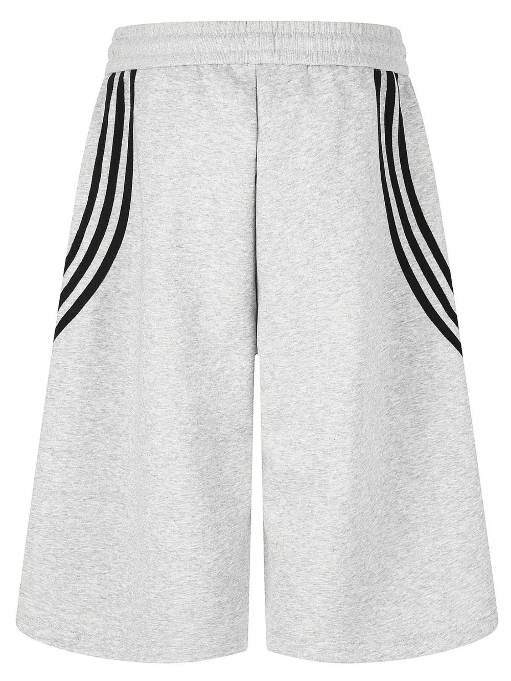 Gray cropped sweatpants with black side stripes and wide legs