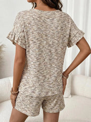 Ruffled sleeve two-piece set in Khaki tweed with drawstring shorts.