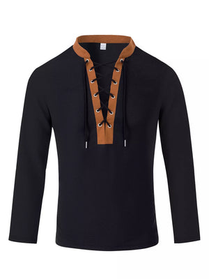 Men's Vintage Lace-up Long Sleeve Henley Plus Size, side view