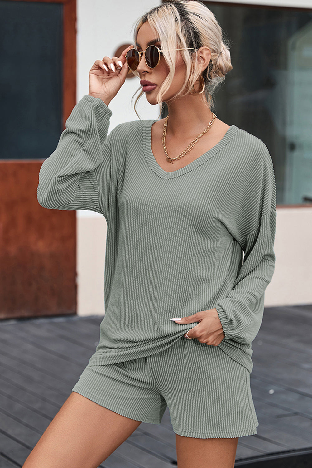 Sage ribbed knit v-neck long sleeve top and matching shorts outfit set
