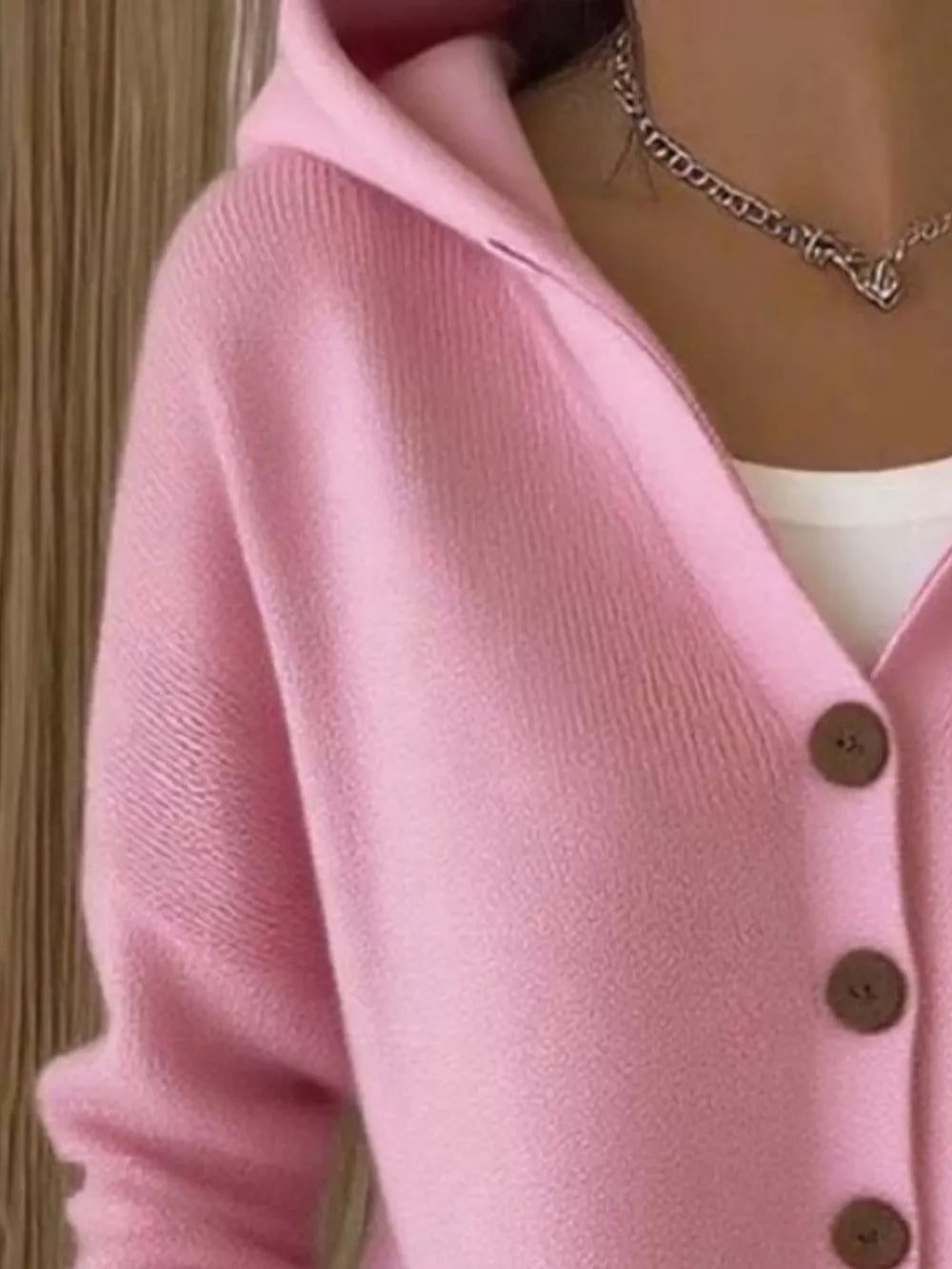 Pink hooded knit cardigan with button front and wooden buttons