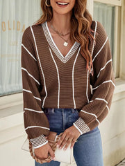 V-neck Striped Contrast Sweater in Dark Green, front view